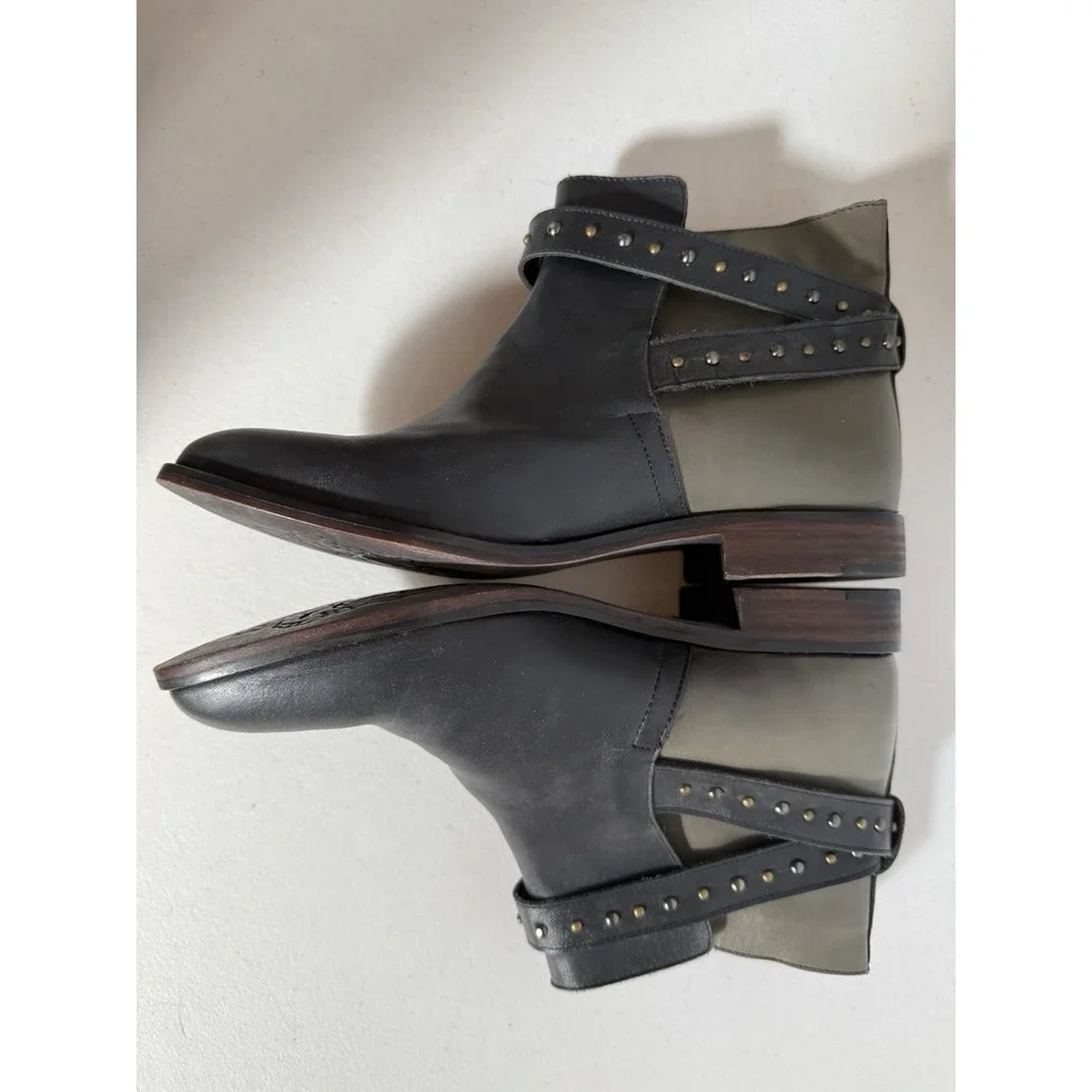 Adam Tucker Studded Leather  Bolero Ankle Boots black and green buckle